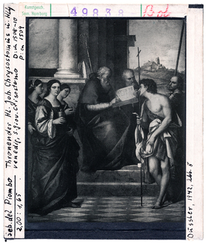 Vorschaubild Sebastiano del Piombo: Thronender Hl. Johannes Chrystostomus und Heilige, Detail. Venedig, San Giovanni Crisostomo 